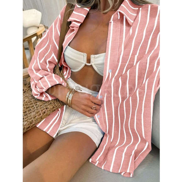Redwood Pink Shirt White Stripes Button Down Long Sleeve - Picture 1 of 5